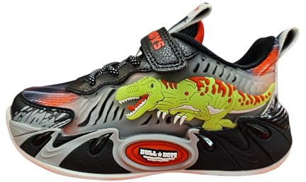Bull Boys 3D T-Rex med LED-lampor, elastiska skosnören och kardborreband, numrering 26–33, Svart, 30 EU