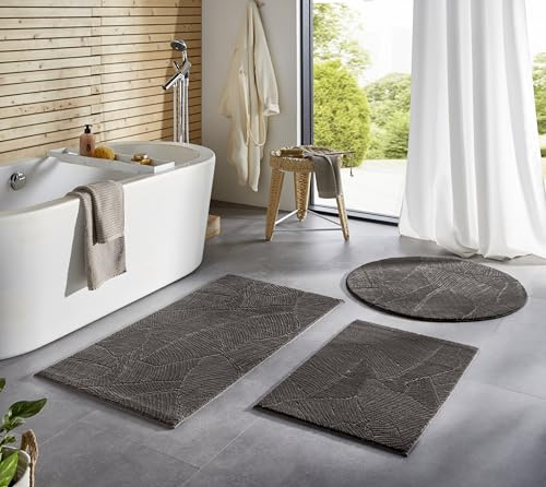 Taracarpet Badematte Homestyle rutschfest waschbar Badezimmerteppich Bad-Vorleger, WC Deko, Duschvorleger für Dusche und Badewannen sehr weich und kombinierbar Taupe Blätter 050x080 cm