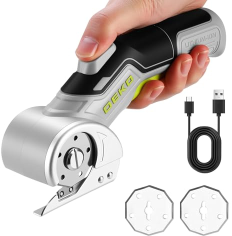 DEKOPRO Rechargeable Electric Box Cutter with 2 Blades, High-Precision Cardboard Cutter with Safety Lock for Carpets, Plastic, Sheet-Aluminum, Cardboard with Type-C Charging, LED(Green)