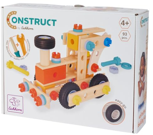Eichhorn Construct Lokomotive - 93-teiliges Konstruktionsspielzeug mit drehbaren Rädern und Schornstein zur Förderung von Motorik und Kreativität, FSC-zertifiziertes Holz, kombinierbar, ab 4 Jahren