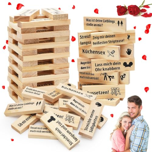 DASIAUTOEM Lot de 48 blocs de tour en bois, tour à bloc, pour la Saint-Valentin, jeu de couple, tour empilable Love & Naughty, 48 blocs en bois pour les rendez-vous de couple