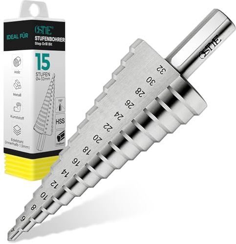 HSS Stufenbohrer Ø 4-32mm, 15 Stufen Kegelbohrer mit 10mm Schaft, Schälbohrer für Metall, Edelstahl, Stahl, Messing, Weich-Metall, Holz, Kunststoffe