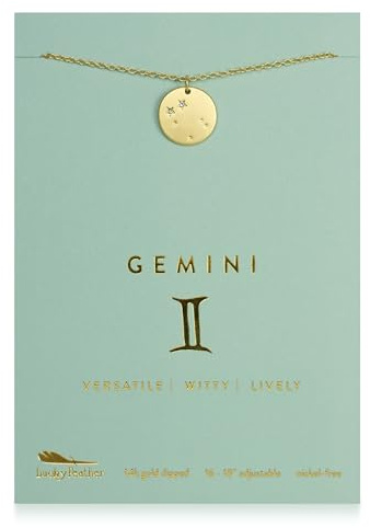 Lucky Feather Zodiac necklaces for women | Gemini 14K Gold-Plated Astrology Pendant | Horoscope Sign Zodiac gift | Great Valentines Day Gift | Trendy Birthday Jewelry Gift | 16” - 18”