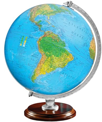Standard Illuminated 12 Diameter Globe, USA Cartography with Walnut Finished Hardwood Base and Blue Ocean Globe Ball. A sleek walnut finished hardwood base and silver riser offer a perfect contrast to this beautiful geographic piece. When illuminated, this globe contains a vegetational map on the outside and political map on the inside that matches and shows through beautifully.