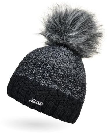 Neverless® Damen Strick-Mütze gefüttert Fleece-Innenfutter Fell-Bommel Kunstfell Winter-Mütze Bommelmütze Grobstrick Mehrfarbig