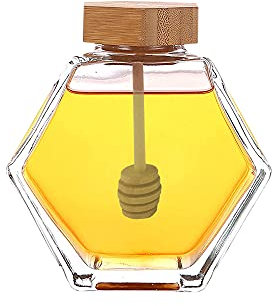 Jarra de miel con taza de miel, tarro de miel de vidrio transparente con tapa de madera y cubierta de corcho para jarabe de mermelada de almacenamiento de líquido para cocina casera, 380 ml/13.5 onzas
