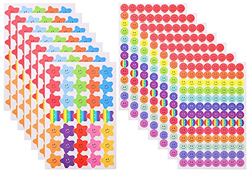 20 Sheet 1390 Pcs Happy Face Stickers, Rainbow Smile Star Stickers, Smile Face Sticker Kids Reward Stickers for Teachers Children Reward Chart Craft Decoration