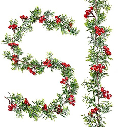 Whaline 2Pcs Christmas Garland 10.5Ft Red Berry Artificial Vine Snow Flocked Cypress Pine Garland Hanging Berry Wire Vine for Indoor Outdoor Home Wedding Winter Party Dinner Door Frame Backdrop Decor
