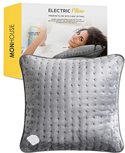 MONHOUSE Heated Pillow Grey Cushion - Super Soft Heating Pad for Neck, Back and Shoulder Pain Relief - Detachable Controller, 3 Heat Settings, Fast Heating Technology, Machine Washable - 45x45cm