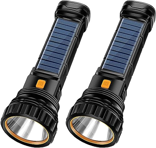 E-SHIDAI Lot de 2 lampes de poche LED solaires/rechargeables multifonctions 1000 lumens avec lumière stroboscopique d'urgence et batterie de 1200 mAh, alimentation de secours et câble de charge USB,