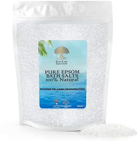Eco Lux UK 5KG Epsom Salts Premium 100% Pure Natural (Food Grade) Magnesium Sulphate Bath Soak Relieving Sore Muscles, Rejuvenating, Relaxing, Supports Sleep, Calming Therapy (5KG)