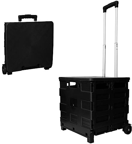 35kg Folding Shopping Trolley Storage Boot Cart Box | Collapsible Trolley with Lid | Portable Utility Cart with Telescopic Handle (Black)
