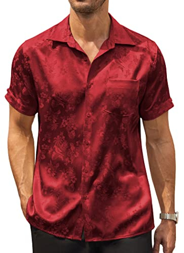Coofandy Camisas de Verano para Hombre, de Manga Corta, de satén de Seda, Estilo Casual, con Botones, para la Playa, Rojo (01 Red), Large