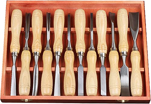 Ensemble d'outils de burin 12 pièces, bricolage sculpture sur bois racine sculpture ciseau professionnel charpentier outils de sculpture à la main, outils en acier au chrome vanadium, avec boîte en