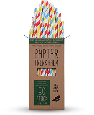 Lot de 50 pailles en papier jetables 100 % biodégradables Multicolore Ø 6 mm 20 cm