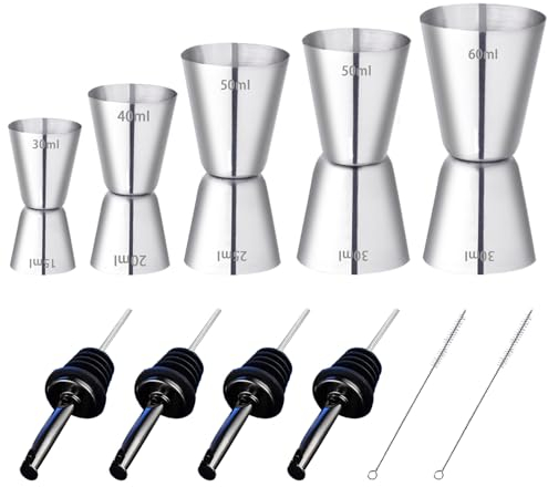RUIJIE 5 Pcs Vaso Medidor Cocktail Double Cara Acero Inoxidable 15ml 20ml 30ml 40ml 50ml 60ml, Vaso Medidor para Cócteles Jigger de Cóctel y 4 Pcs Licor Pourer y 2 Pcs Cepillo de Limpieza Corto
