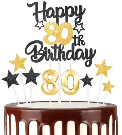 Black Gold 80th Happy Birthday Candles Cake Toppers Set, Number 80 Candle for Cake, Gold Candles for Women Men Birthday Decorations, Star Cake Toppers for Girls Boys Birthday Party Wedding Anniversary