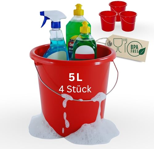 Novaliv 4 Stück Eimer 5L Rot mit Maßeinteilung - Putzeimer 5 Liter ? 22,5 cm Praktischer Allrounder mit Skala für Haushalt & Garten ideal als Haushaltseimer, Wassereimer, Wischeimer, Bucket