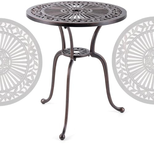 GIANTEX Bistrotisch Outdoor, φ61 cm Balkontisch mit Schirmloch & verstellbaren Fußpolstern, Gartentisch wetterfest, Balkontisch aus Aluminiumguss