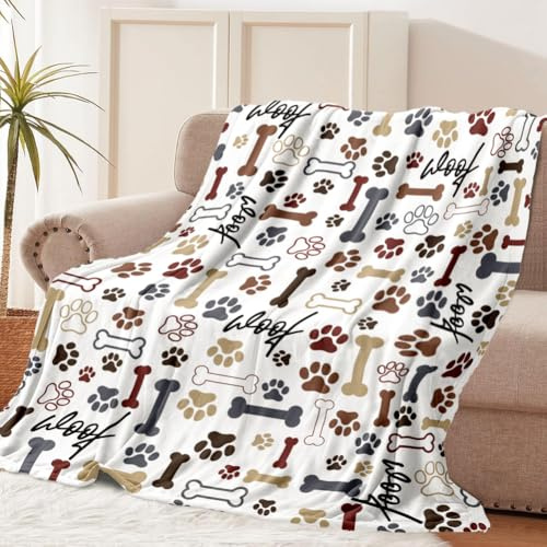 Tupmnbry Dog Throw Blanket Dog Paw Bones Print Blankets Super Soft Flannel Fleece Blanket Lightweight Fluffy Plush Bed Blanket for Bedding Sofa and Travel 60X80