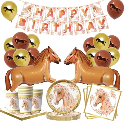 Pferde Partygeschirr Set 77 Stück, Pferde Geburtstag Deko, Pferd Pappteller Pappbecher Servietten Luftballon Banner, Pferd Party Deko Kindergeburtstag für 20 Gäste