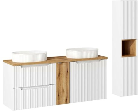 Lomadox Badezimmer Badmöbel Set 2-teilig mit 140cm Waschtisch, weiß und Eiche mit gerillter Front | inkl. Keramikwaschbecken, Hochschrank