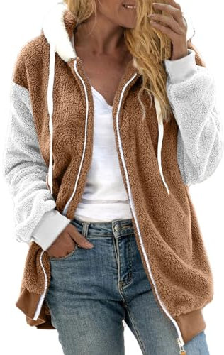 Plüschjacke Damen Flauschig | Übergangsjacke Damen Elegant Sportlich Fleecejacke Grosse Grössen Kapuzenjacke Weiche Bequeme Übergangsjacke Winter Sweatjacke Patchwork Kapuzenpullover Winterjacke