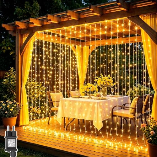 Dekofun 2 Pezzi Tenda Luminosa 3M x 3M 300 LED Luci a Tenda con Presa, Timer, 8 Modalità, Impermeabilità IP65 Cascata di Luci per Esterno Interno Balcone Giardino MatrimonioTerrazzo - Bianco Caldo