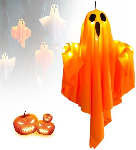 Halloween Deko geister, Halloween Deko Outdoor, 2024 Neu 3-fach Einstellbare Beleuchtung Hängende Geister mit Lichterketten, Terrasse, Rasen, Garten, Vorgarten Deko (B,1PC)