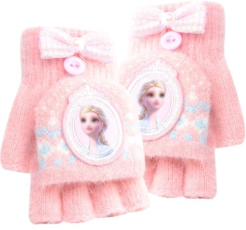 YEIUZPT Cute Fingerless Gloves Girls, Cartoon Kids Fingerless Flap Cover Glove Winter Knit Warm Mittens Soft Lined Fleece Thermal Outdoor Winter Half Finger Flip Top Gloves for 5-12 Years Girls