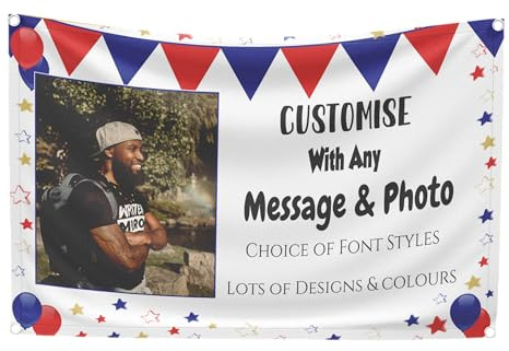 Large Personalised Banner Backdrop PHOTO Any Occasion Name Age Happy Birthday Welcome Home Good Luck Congratulations Outdoor (Red, White & Blue, with PHOTO)