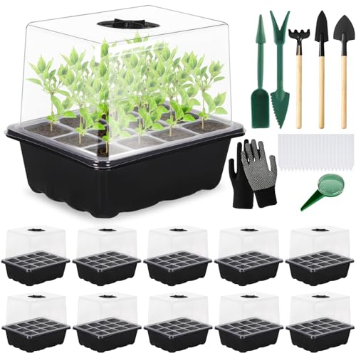 KIMIGO Vassoi per semi,10 Pack 120 Celle Propagator Growing Addensano i Vassoi,Propagator con Coperchi Rialzati,Vassoi Semina,Kit di vassoi di coltivazione di semi di piante riutilizzabili