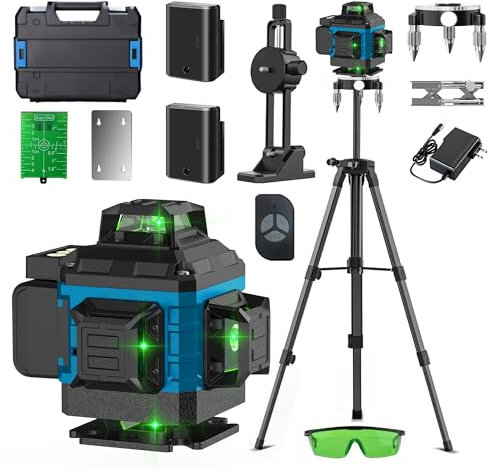 Kreuzlinienlaser mit Stativ, multifunktionales 4x360°Laserkit mit 16 Linien und 2 x 2400 mAh Batterien,Laser-Wasserwaage mit LED-Digitalanzeige für den Innen- und Baubereich (Blue 2400mAh)