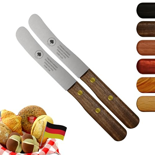 Solingen Messer, 2er Set Walnuss Holzgriff, Premium Buckelmesser, Klinge rostfrei 11cm - Küchenmesser, Brotmesser, Frühstücksmesser, Dünnschliff & Handabzug, Made in Germany