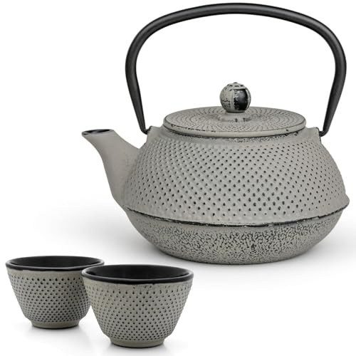 Bredemeijer Juego de tetera pequeña asiática de hierro fundido para inducción, 0,8 litros, color gris, con filtro de acero inoxidable y 2 tazas de té (tazas)