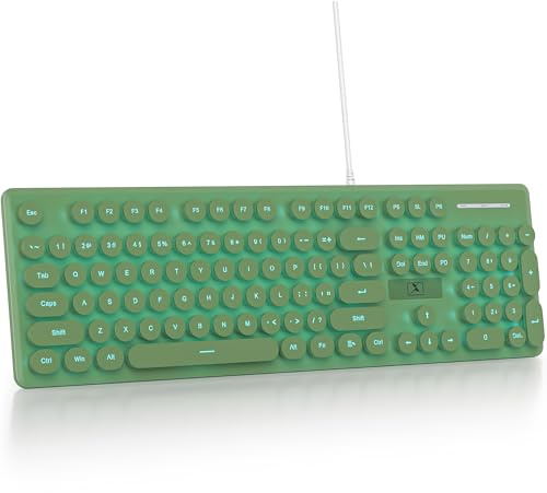 Fogruaden Clavier d'ordinateur filaire, clavier à membrane silencieux pleine taille, style machine à écrire, touche ronde, lumineux, vert foncé, clavier mignon, rétroéclairé à DEL bleue, fin