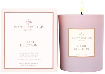Bougie Parfumée Fleur de Coton - 180g avec Étui - Bougie Végétale en Cire de Soja Naturelle - Parfum Coton, Framboise & Musc Blanc - Fabriquée en Provence - Longue Durée - Idée Cadeau Cocooning