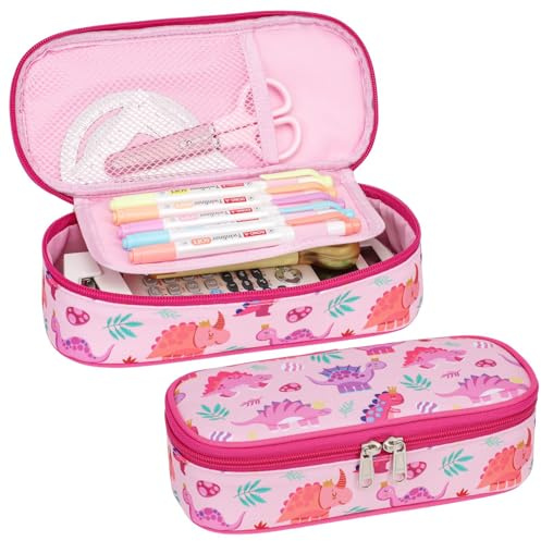 Bagseri Federmäppchen Mädchen - Federmäppchen Groß für Kinder, Zipit Mäppchen Mädchen für Schule, 2 Fächer und Stifthalter innen (Rosa Dinosaurier)