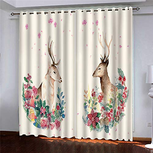 MAYNUO Blickdichte Vorhänge Mit Motiv 3D Blumensträucher, Tiere, Elche Kinder Gardinen Ösen Gardine Thermo 280x160 cm Schlafzimmer Kinderzimmer Vorhange Dekoratives Muster, Verdunklungsvorhänge