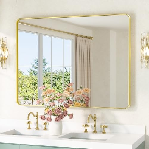 TETOTE 100x75cm Wandspiegel Gold Ohne Beleuchtung, Rechteckig Badspiegel mit Runder Ecke, Metallrahmen Badezimmer Spiegel für Waschbecken, Gehärtetes Glas Dekorative Spiegel