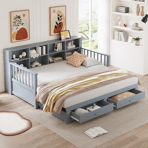 Merax Ausziehbares Schlafsofa 90/180x190 cm, mit Steckdose & Regal in Rückenlehne, 2 Schubladen, Lattenrost, multifunktionales Tagesbett für Gästezimmer, Kinderzimmer, Grau (ohne Matratze)