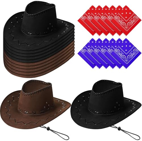 ASMIZ 12er-Set Cowboyhüte mit 12 Bandanas, Western-Cowboyhut mit verstellbarem Kinnriemen, Kostümhut für Erwachsene – Perfekt für Hochzeiten, Bühnenauftritte und Partys