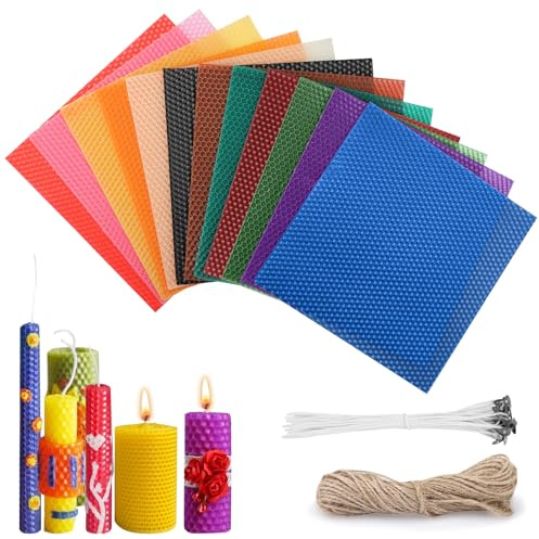 Juego de velas de cera de abejas, 12 colores, placas de cera de abejas de 20 x 20 cm, placas de cera para velas con 30 mechas de algodón y cuerda de yute de 5 m, kit de bricolaje para adultos y niños