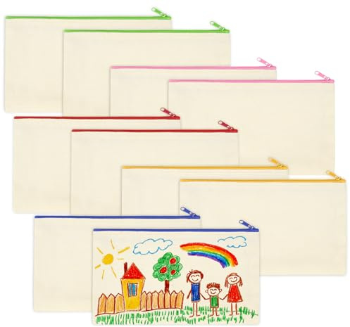 Anstore DIY Blanko tygpåse för målning dragkedja 21 x 12 cm, tyg målning 10 stycken gör-det-själv pennfodral set för målning för barn pyssel barnfödelsedag, canvas sminkväska tyg