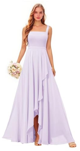 Vestido de dama de honor de gasa con cuello cuadrado para mujer, con abertura, tirantes delgados, vestido formal de noche, acampanado, con volantes, vestido de invitada de boda, Lila, 56 Grande