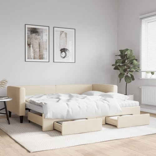 Massbinet Tagesbett Ausziehbar mit Schubladen Sofabett Doppelschlafstuhl Stoff-Couch Umwandelbar 2-Sitzer-Sofabetten für Erwachsene Creme 80x200 cm Stoff