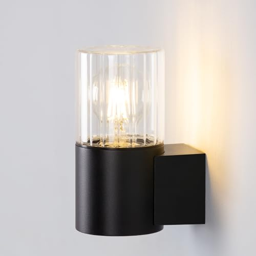 DAWALIGHT Lámpara Exterior Pared, Aplique Exterior Pared Negro de Aluminio, IP44 Impermeable, Pantalla de Vidrio Rayado, Casquillo E27, Ideal para Jardines, Terrazas o Fachadas (Bombilla No Incluida)