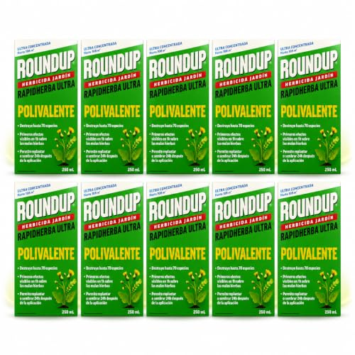 PACK x10 ROUNDUP Herbicida Total para Eliminar Todo Tipo de Malas Hierbas | Efectos Visibles en sólo 2 Horas | 250 ML para diluir en 5L Agua | Elimina hasta 70 de Hierbas/Musgo | Nexum Market