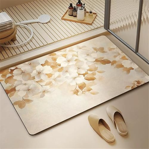 Rutschfester Kieselgur-Badematte, 80 x 140 cm, ultrasaugfähig, Steinteppich, weich, waschbar, Badezimmermatte, florales Design für Dusche und Badewanne, moderne Heimdekoration