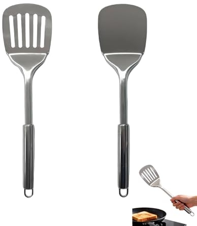 LifgWas Juego de 2 espátulas de acero inoxidable, juego de utensilios de cocina, acero inoxidable, espátula ranurada, espátula maciza, espátula resistente al calor para asar, para asar y cocinar, apto